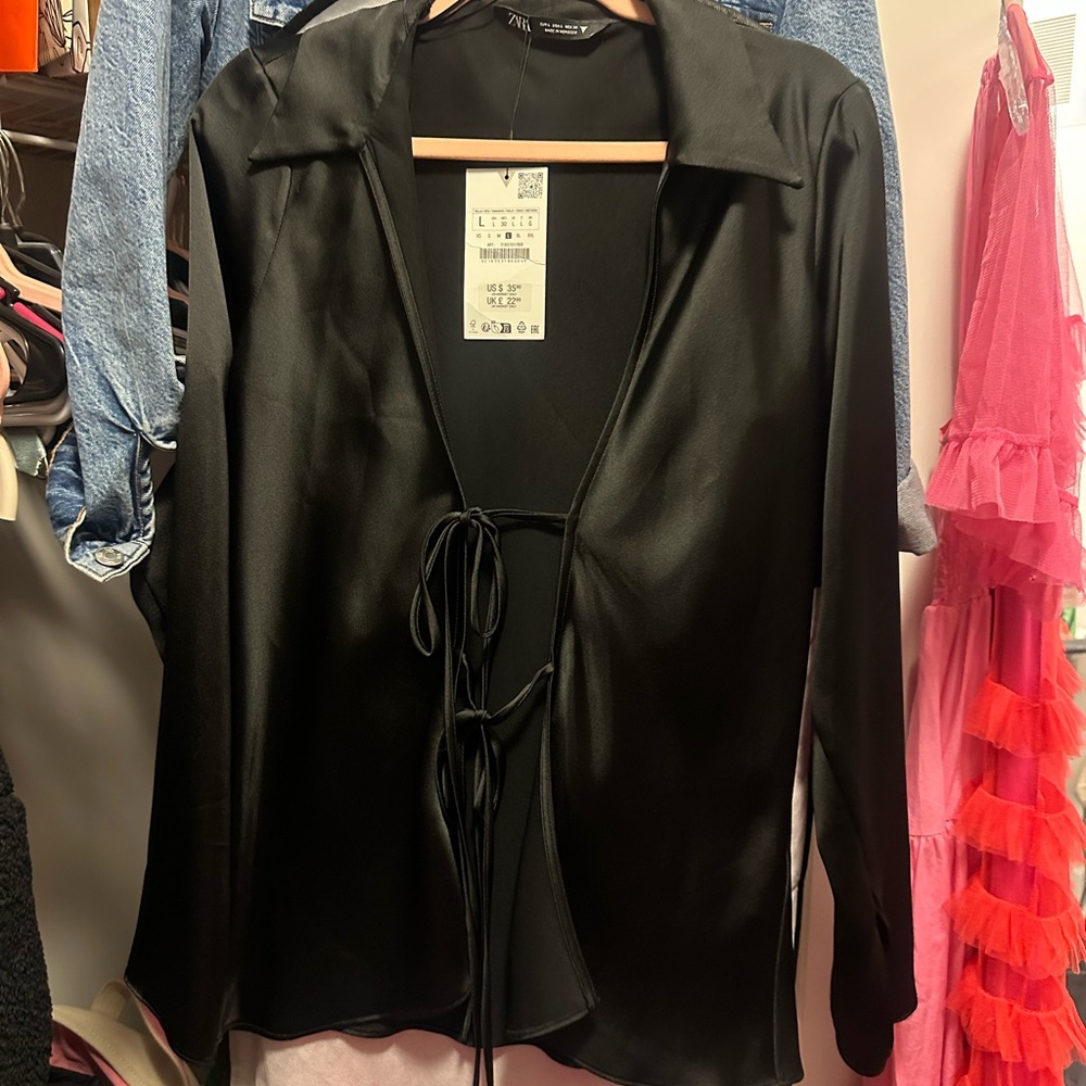Black Satin Tie-Front Blouse